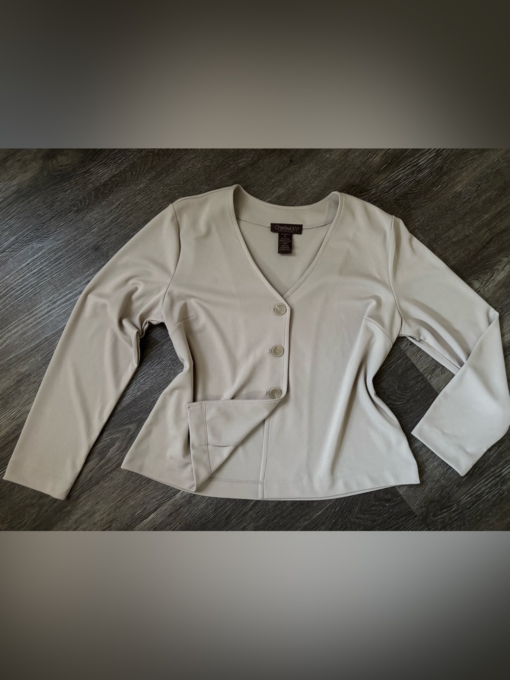 Chadwicks Stone Beige Button-Front V-Neck Top